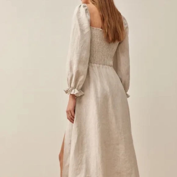 REFORMATION  
Gitane Linen Square Neck Smocked Slit Dress Oatmeal M - Picture 4 of 5